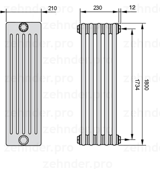 Схема (чертеж) Радиатор Zehnder Charleston 6180/5 №7610 Белый глянцевый RAL 9016